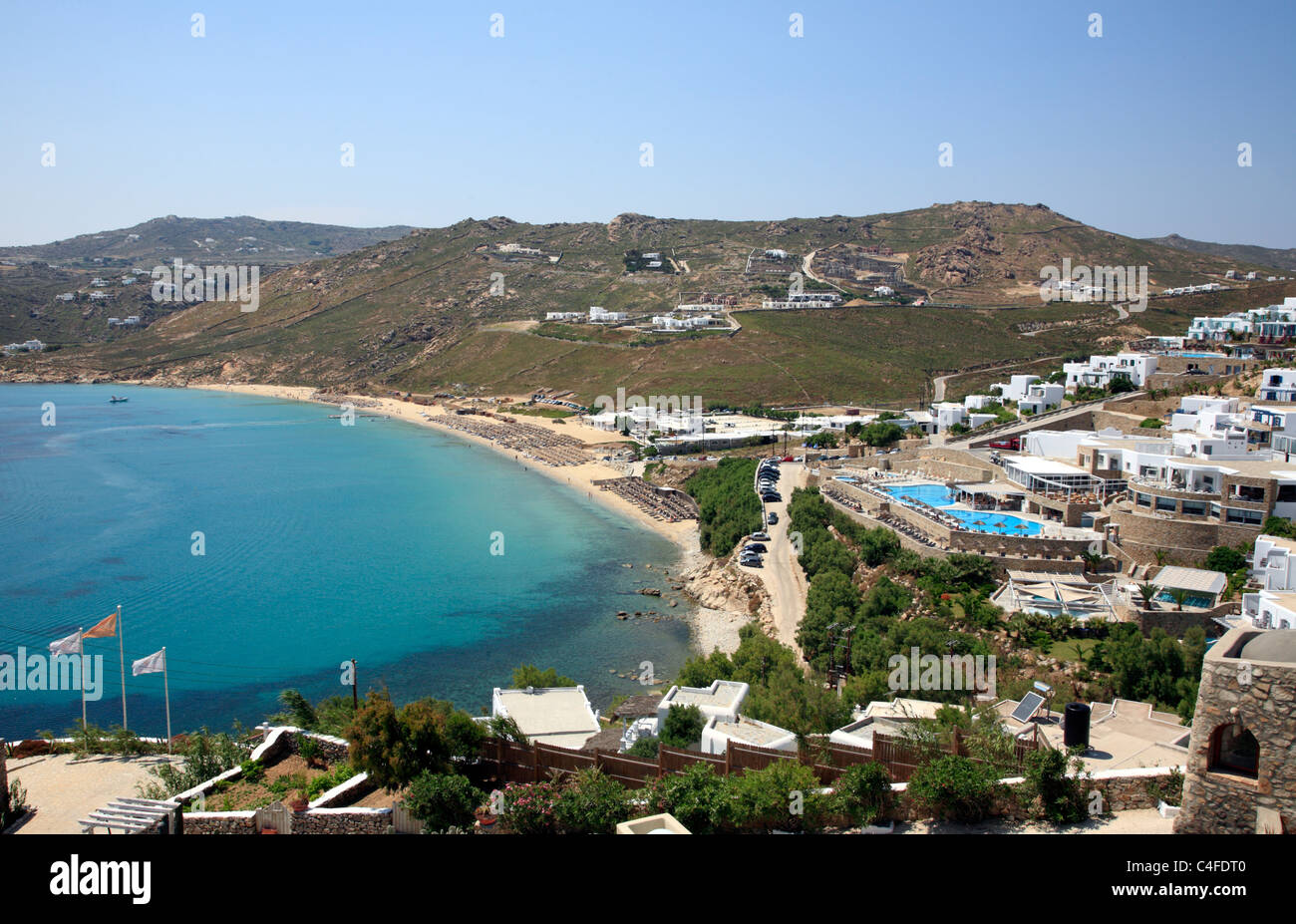 Elia Bay et plage de l'île de Mykonos Cyclades Mer Greeece UE Union Européenne Europe Banque D'Images