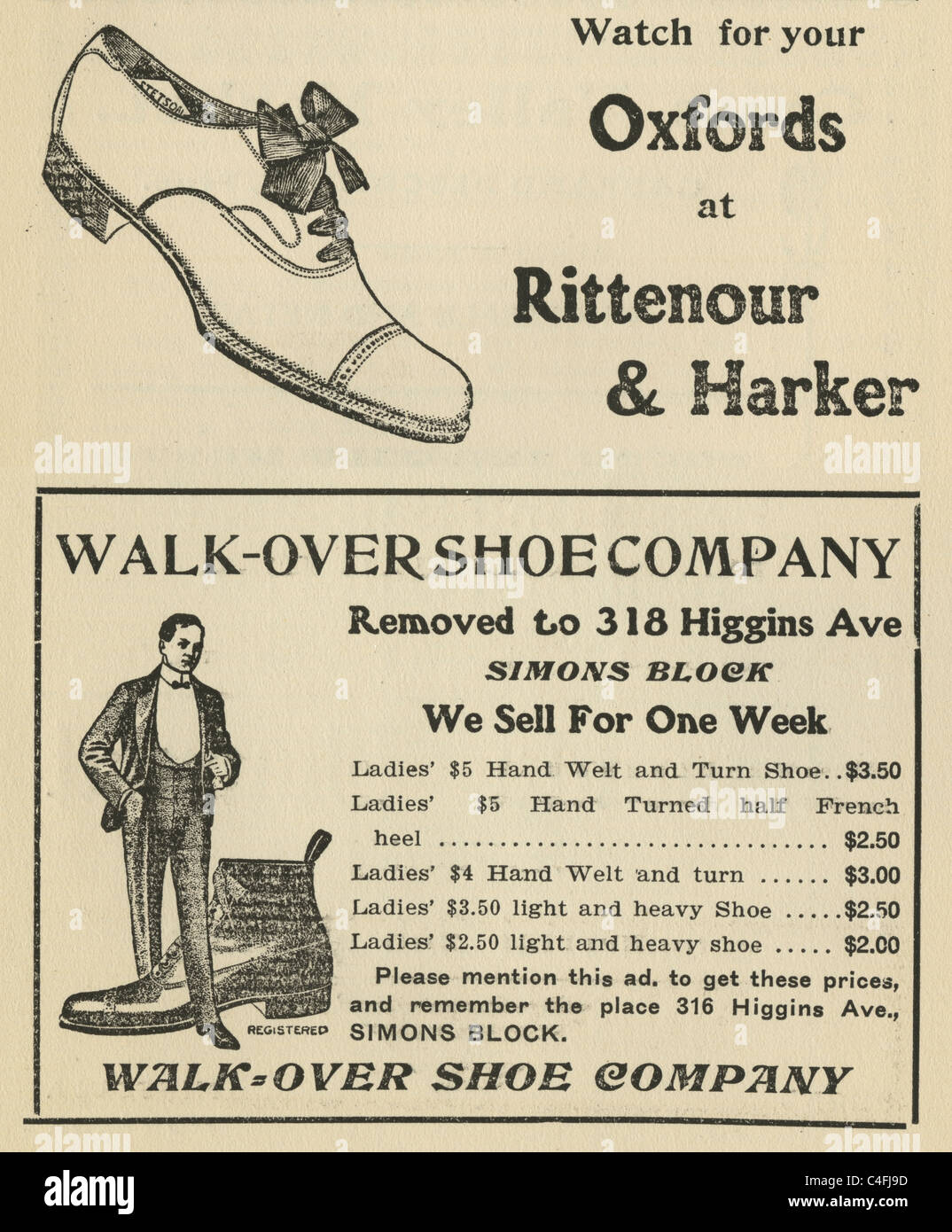 1905 Deux gravures de la publicité pour des chaussures. À partir d'une Montana, USA publication. Banque D'Images