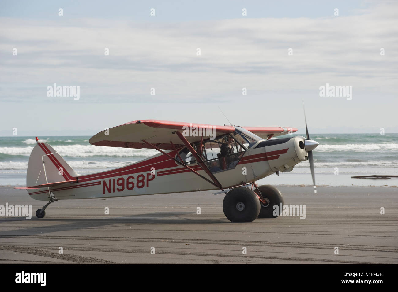 Piper Super Cub sur la plage de l'île de Hinchinbrook, Alaska- 2011 Valdez, Alaska Fly-in Banque D'Images