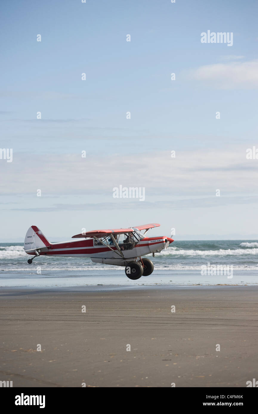 Piper Super Cub voler au-dessus de la plage de l'île de Hinchinbrook, Alaska- 2011 Valdez, Alaska Fly-in Banque D'Images