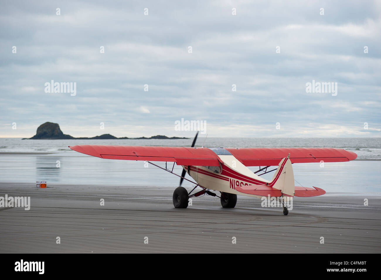 Piper Super Cub sur la plage de l'île de Hinchinbrook, Alaska- 2011 Valdez, Alaska Fly-in Banque D'Images