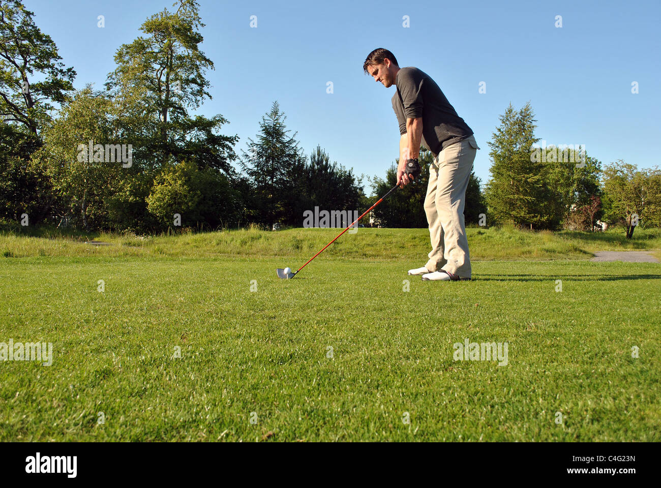 Male golfer sur un raccord en t fort prêt à prendre une photo Banque D'Images