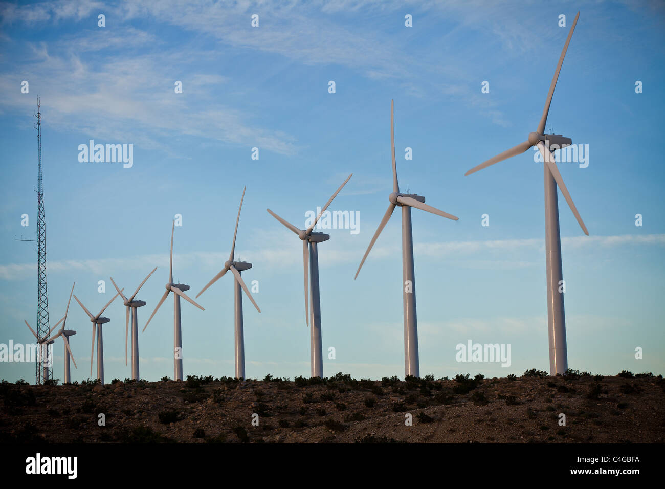 Les éoliennes à la ferme éolienne de San Gorgonio Pass à l'extérieur de Palm Springs, CA. Banque D'Images