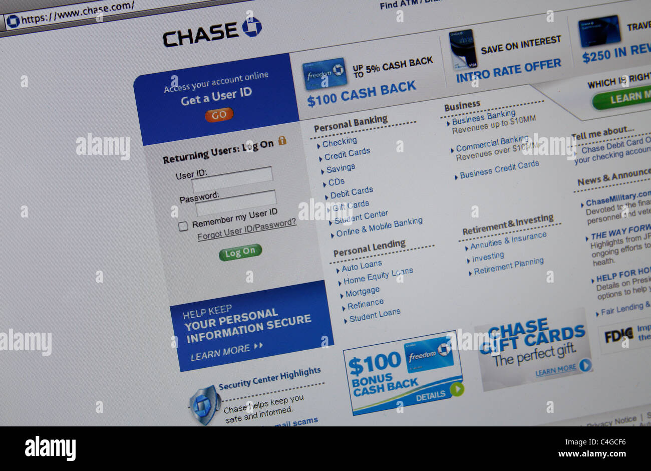 Site Web en ligne de capture d'écran splash Chase Banque D'Images