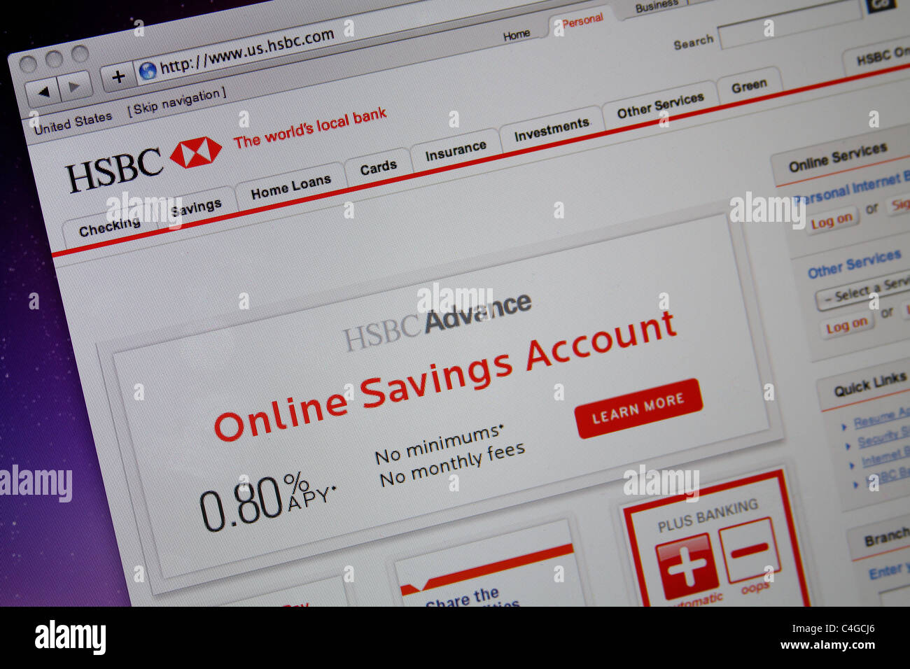 Site web en ligne de la HSBC capture d'éclaboussure Banque D'Images