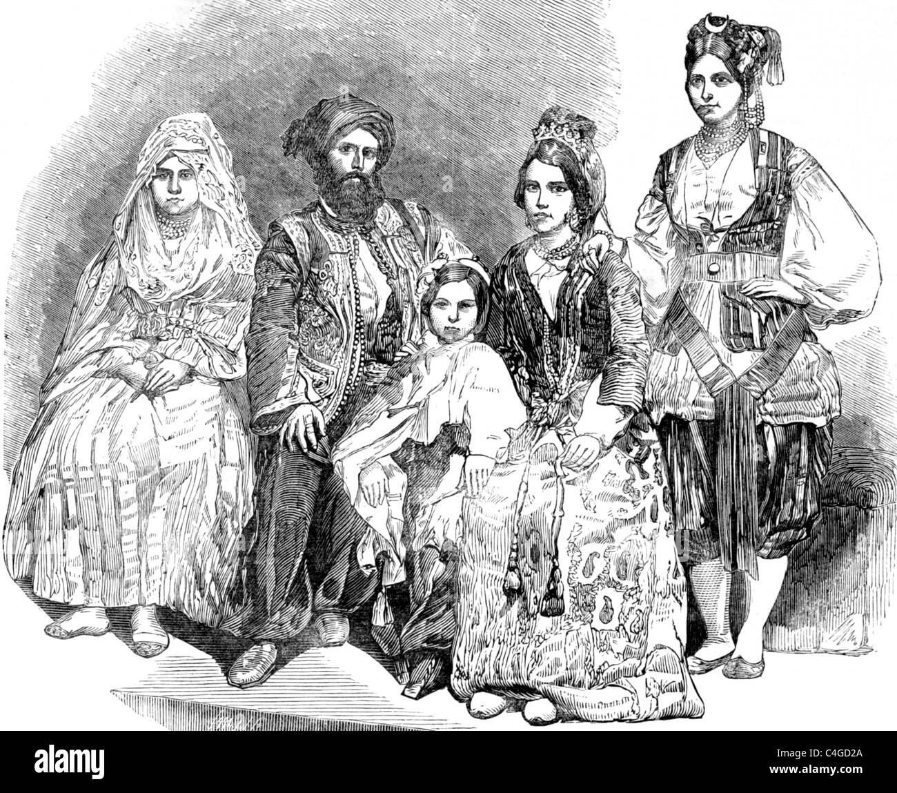 La famille algérienne sur gravure de 1800. Banque D'Images