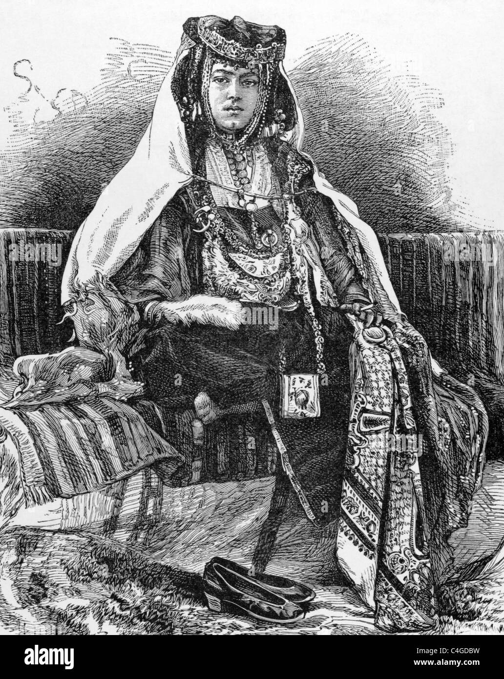 Femme arabe d'ongle sur gravure de 1800. Gravée par A.Kohl. Banque D'Images