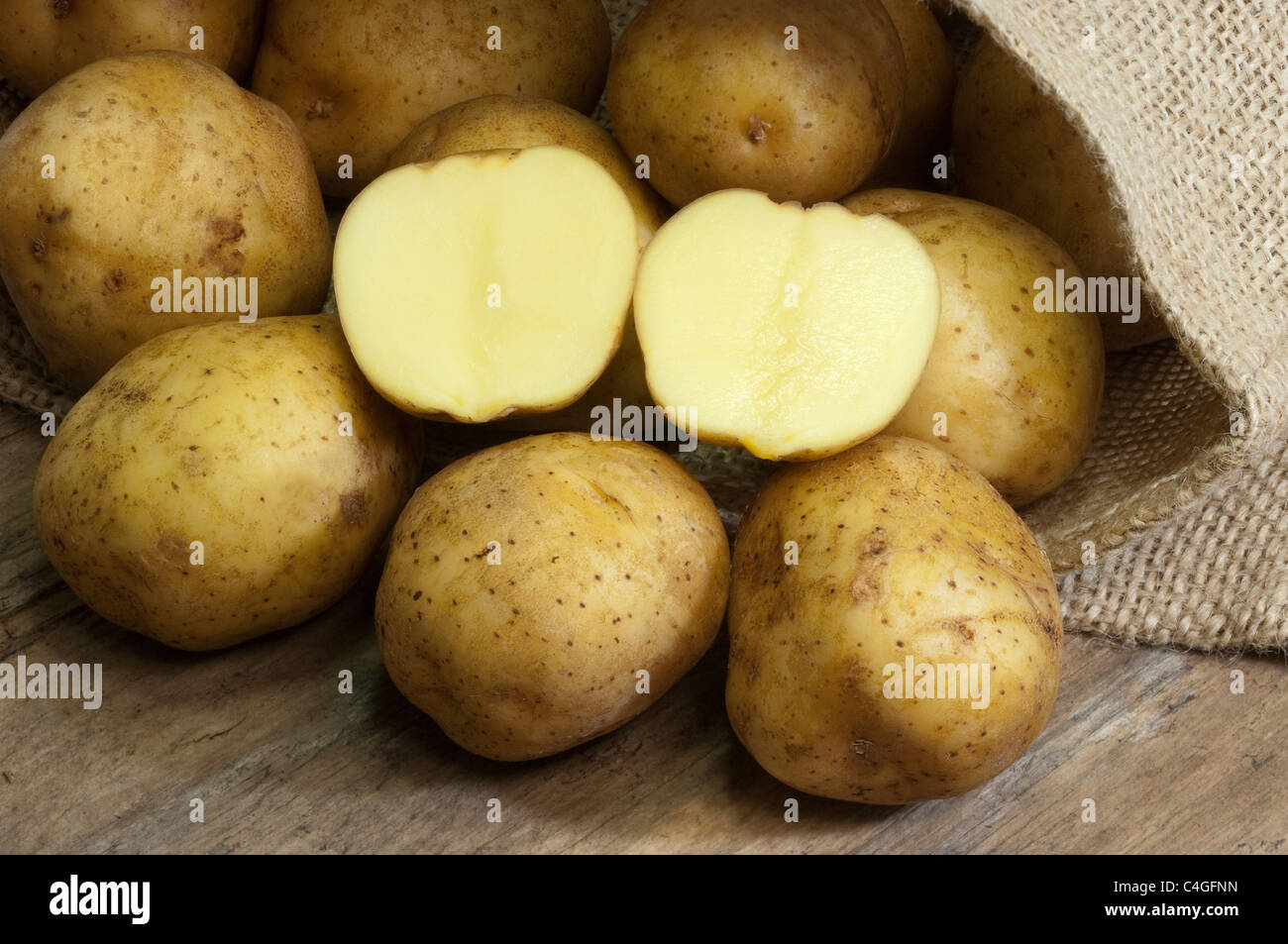 La pomme de terre (Solanum tuberosum Auralia). Les tubercules dans un sac. Banque D'Images