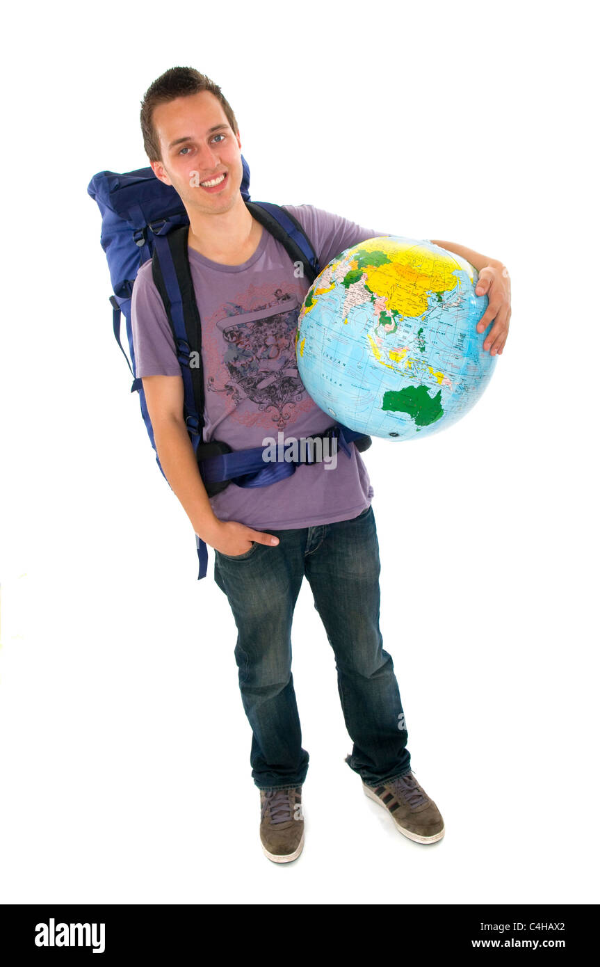 Jeune homme backpacker avec sac à dos et globe Photo Stock - Alamy