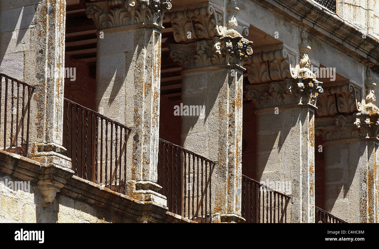L'Espagne. L'Estrémadure. Trujillo. Palais de Vargas Carvajal, Saint Charles Dukes (17e siècle). Détail de la façade. Banque D'Images