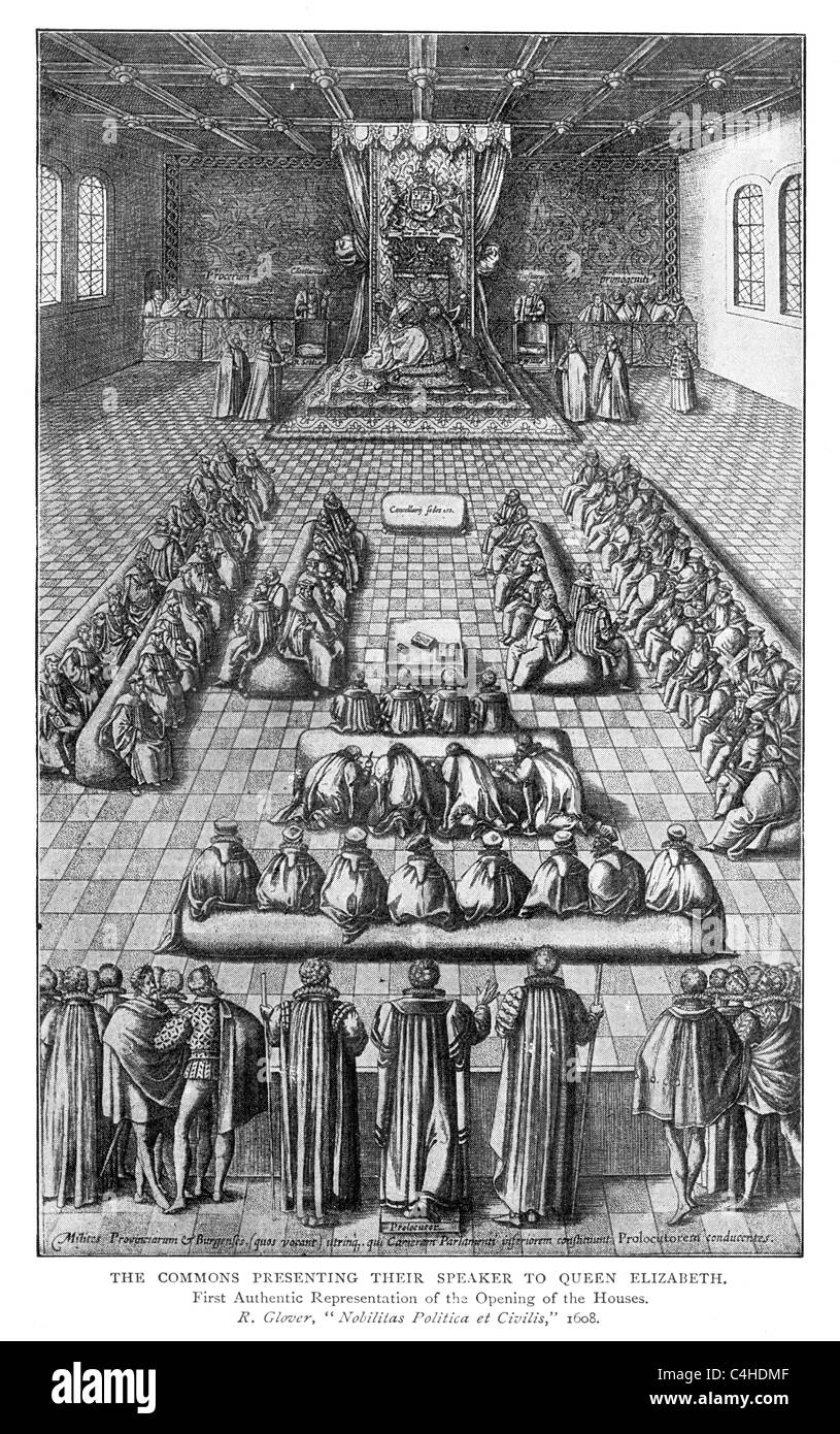 Les communes présentant leur président à la reine Elizabeth 1st, 1608 ; illustrations de R Glover ; 'Notlitas Politca et Civilis' Banque D'Images
