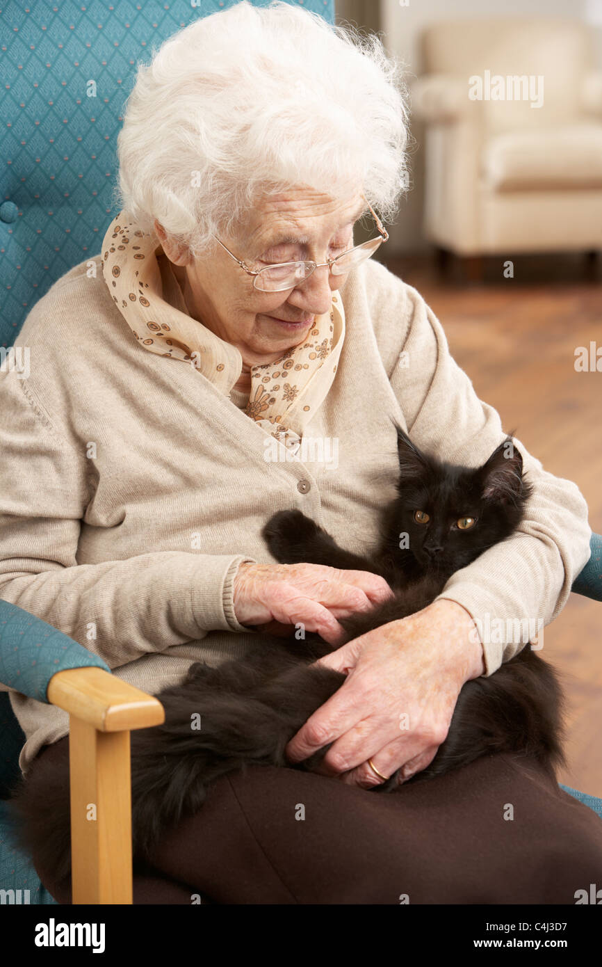 Senior Woman Relaxing in Chair At Home With Pet Cat Banque D'Images