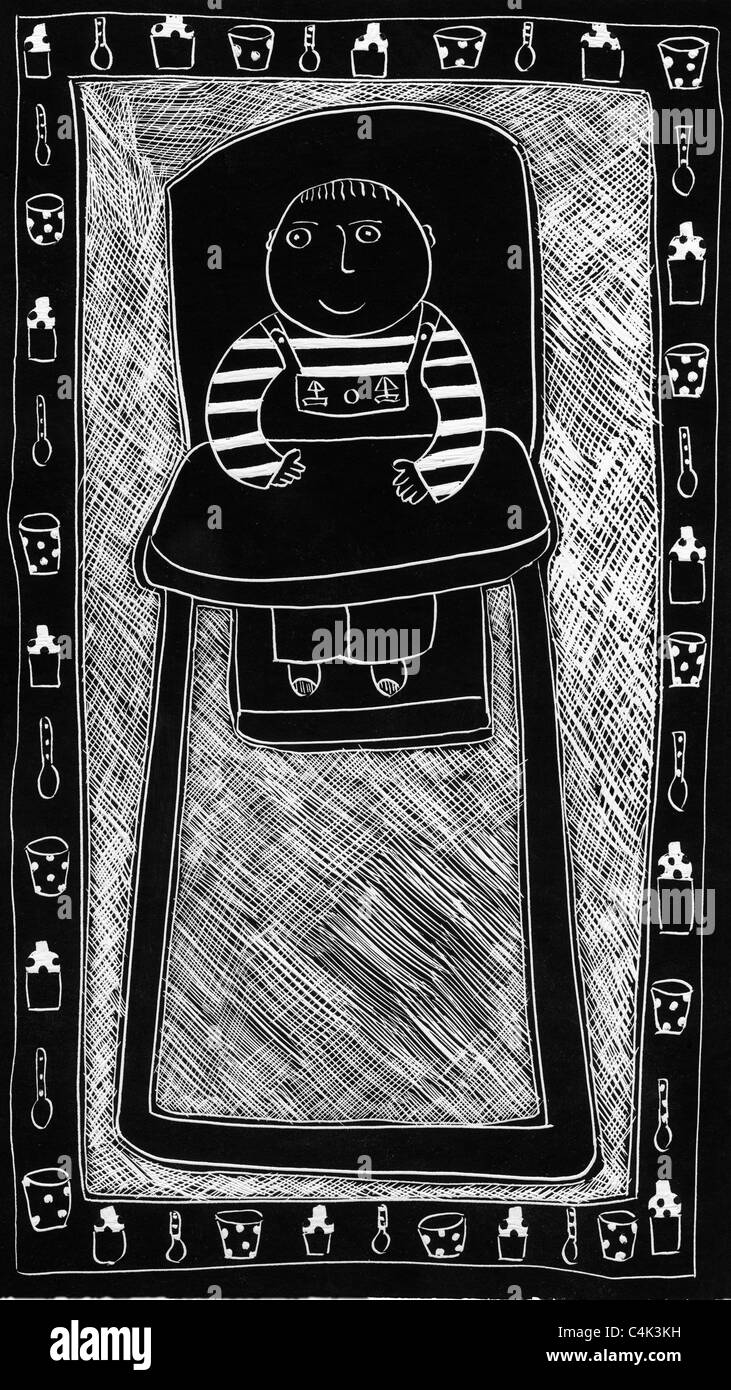 Illustration en noir et blanc de bébé en chaise haute Banque D'Images Illustration en noir et blanc de bébé en chaise haute Banque D'Images
