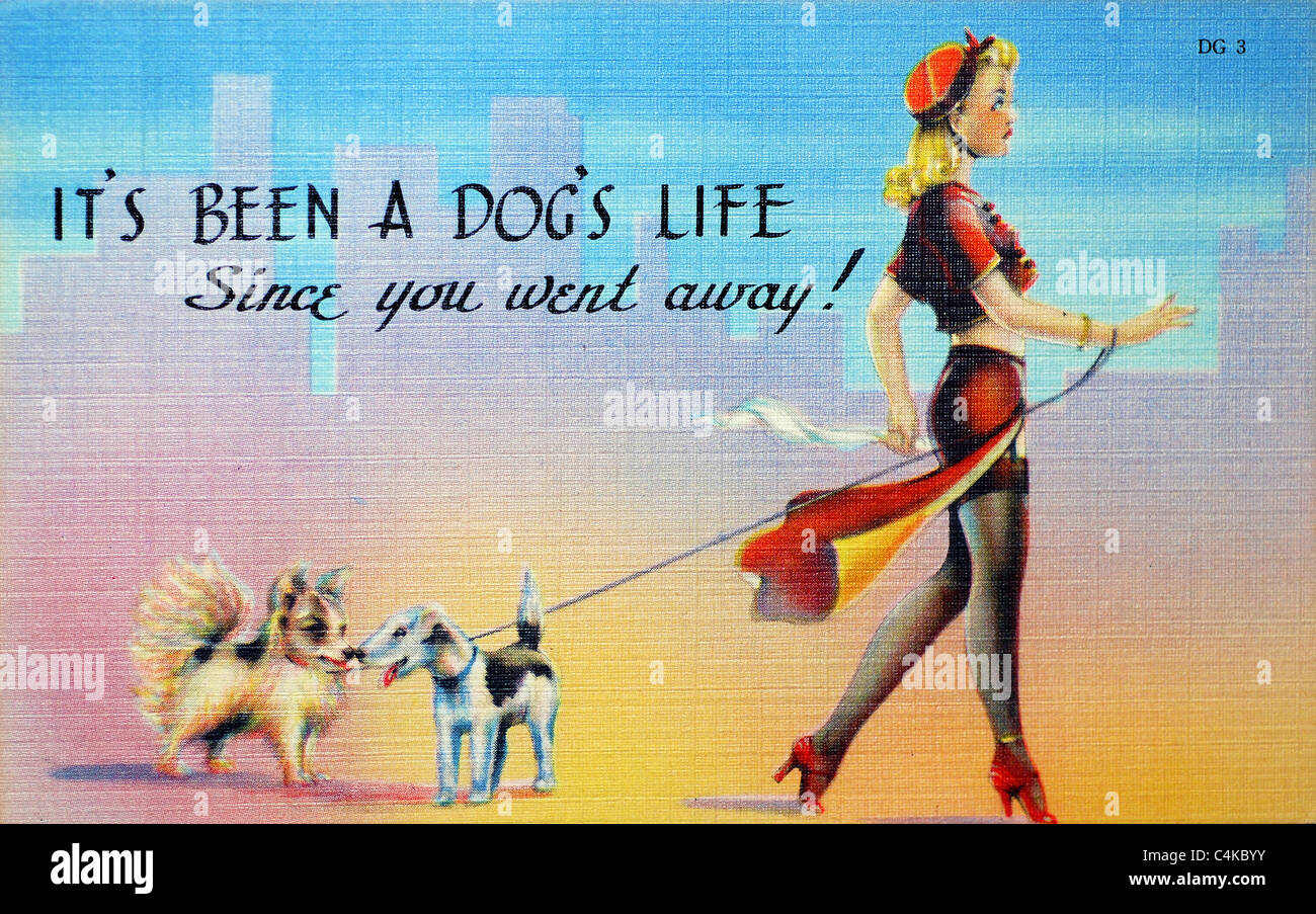1940 Carte postale d'une bonne fille pinup promener son chien Banque D'Images