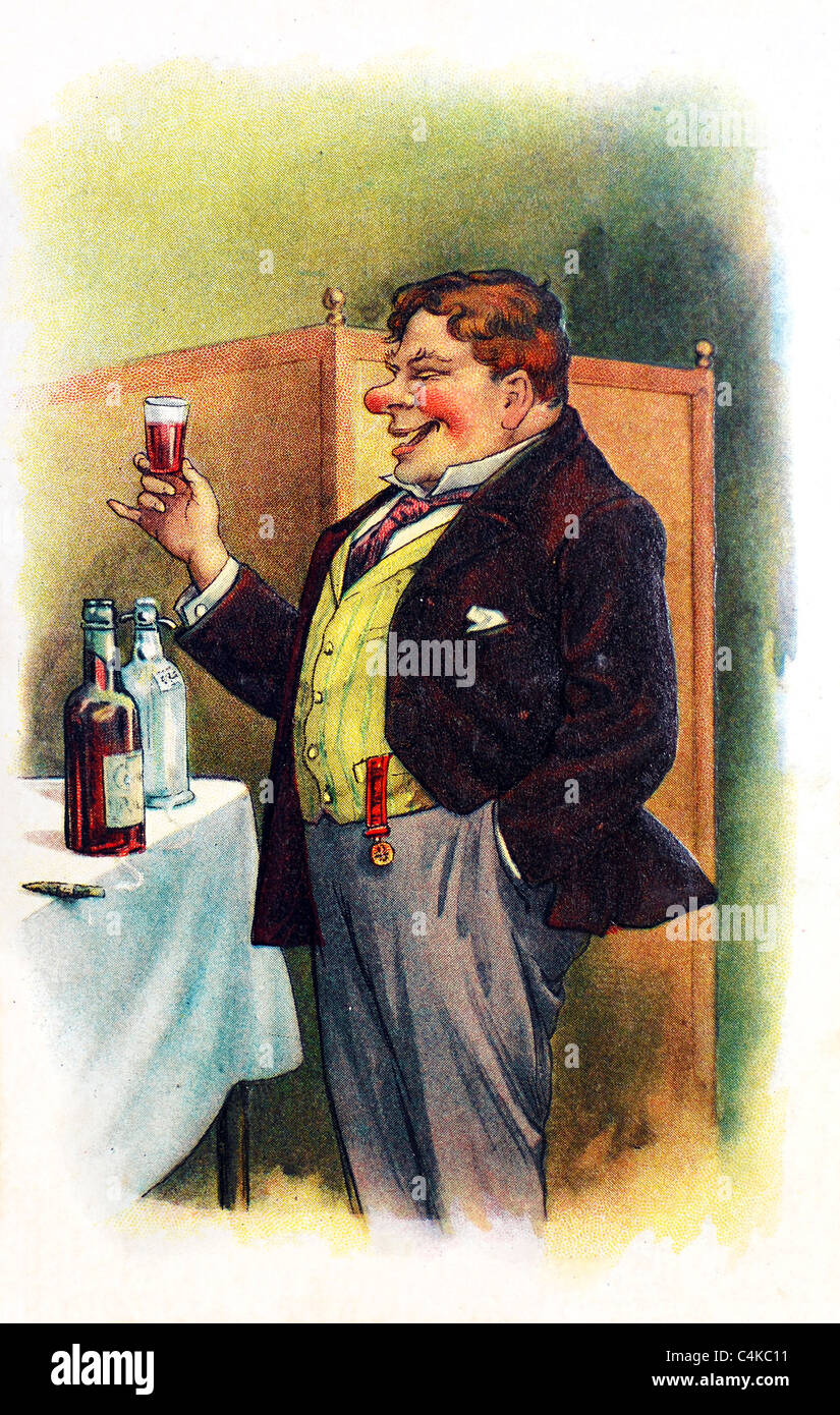 Carte postale vintage 1907 par Jules Bein & Co., d'un fat man toasting un verre de cognac Banque D'Images
