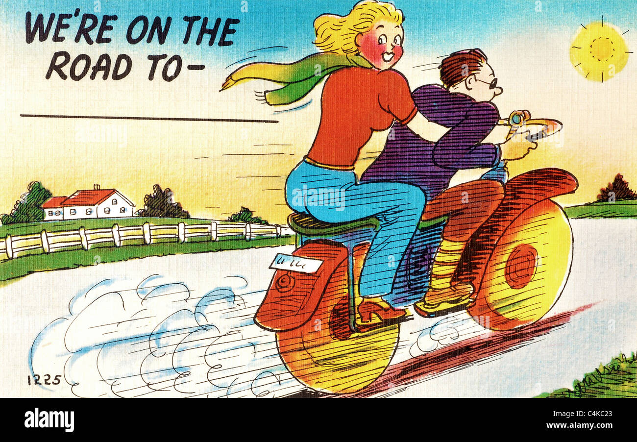 1940 vintage comic poster carte comportant un jeune couple speeding en bas de la route sur une moto Banque D'Images