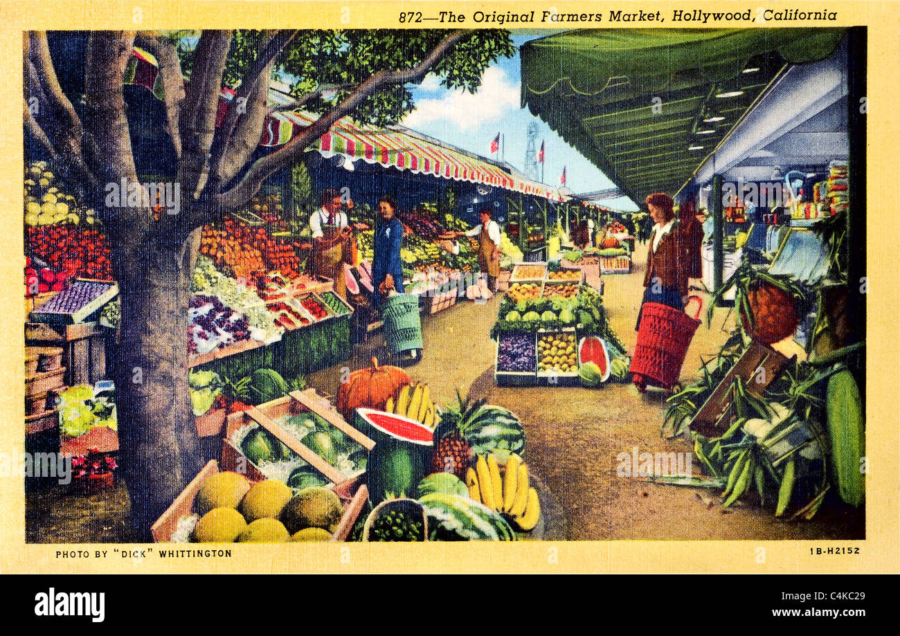 Vintage postcard qui contient l'ancien marché de producteurs à Hollywood, Californie Banque D'Images
