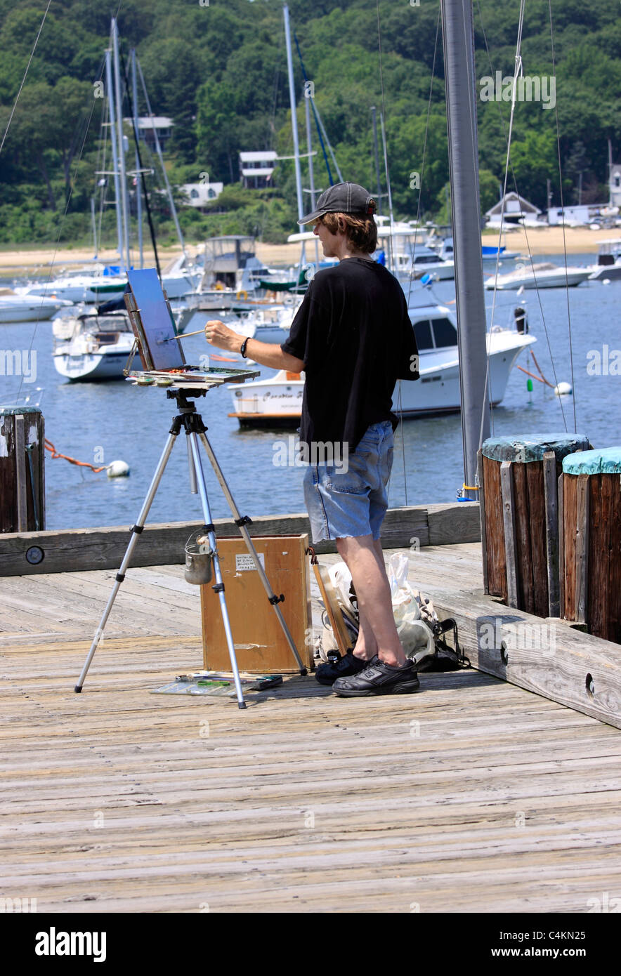 Plein air peinture artiste Scène de Northport Harbour dans Village de Northport Long Island NY Banque D'Images