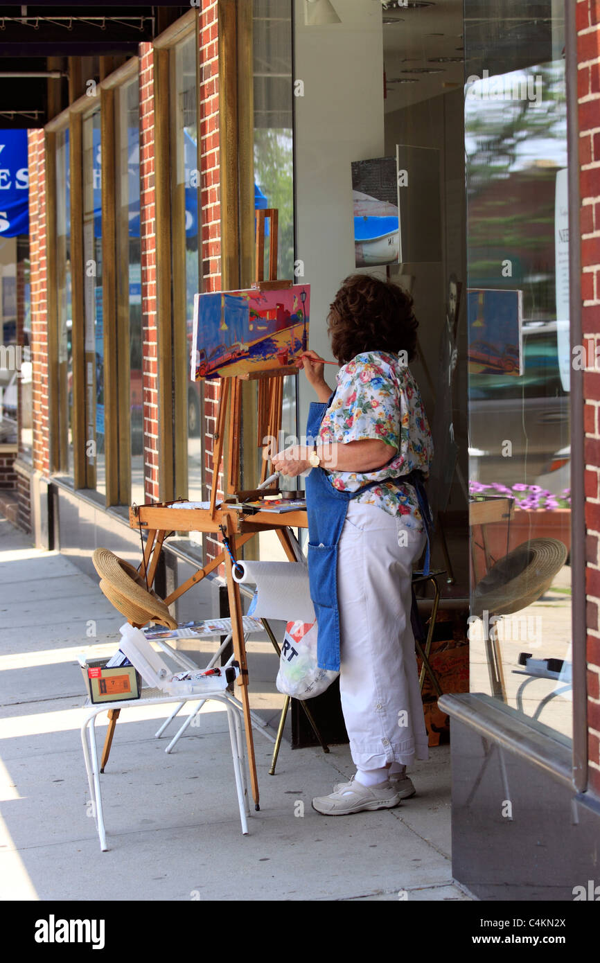 Plein air peinture artiste Scène de rue Main dans Village de Northport Long Island NY Banque D'Images