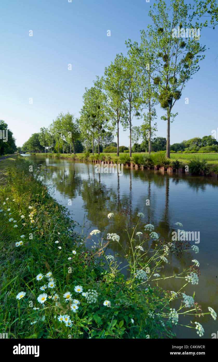 Le canal de Nantes à Brest, Bretagne, France. Les chemins de halage le long de ce beau canal sont populaires auprès des cyclistes et randonneurs Banque D'Images