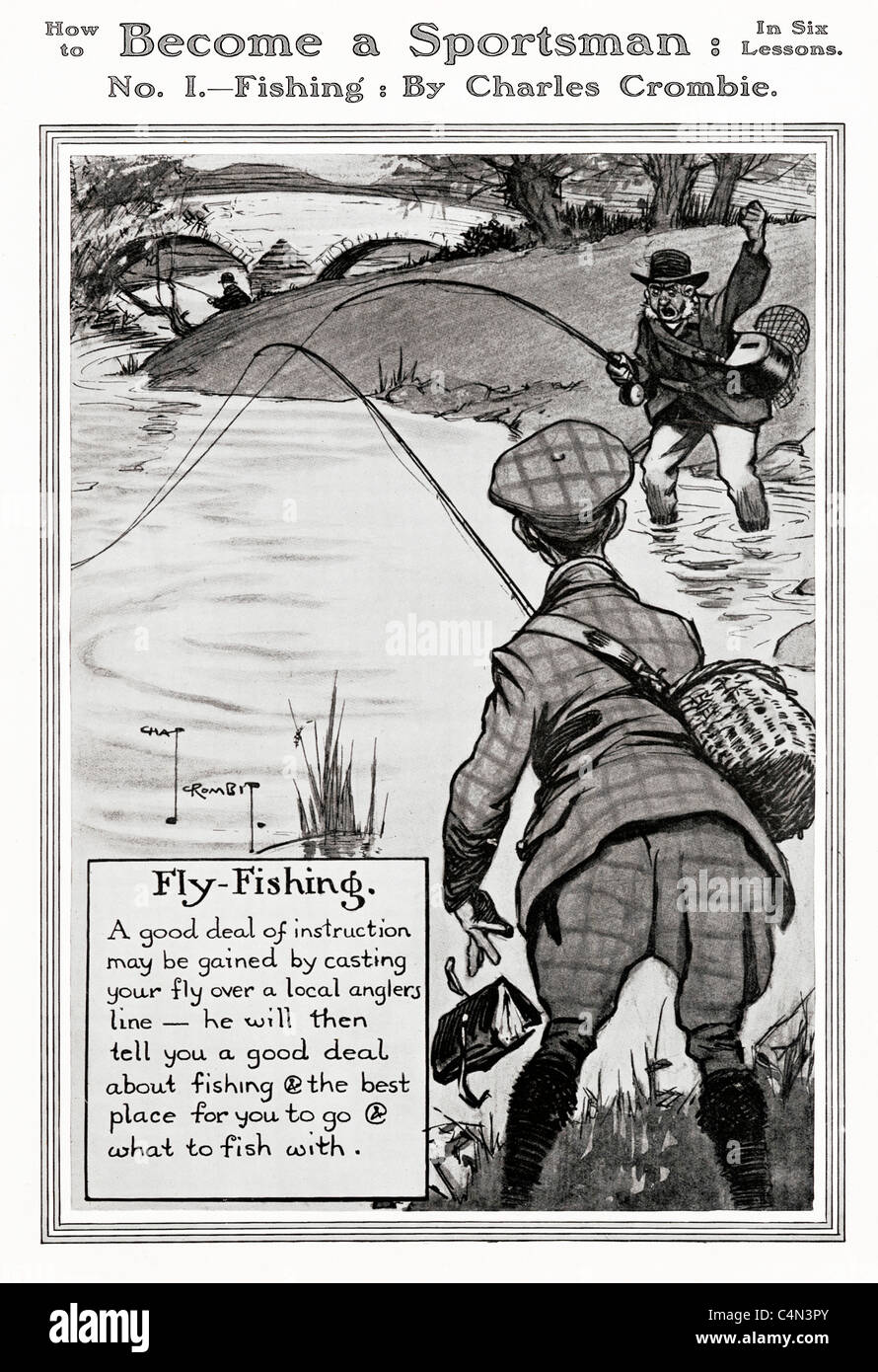 Devenir un sportif, la pêche, l'Edwardian conseil pour le pêcheur à la mouche, les maux d'un autre pêcheur et il vous dira où aller Banque D'Images