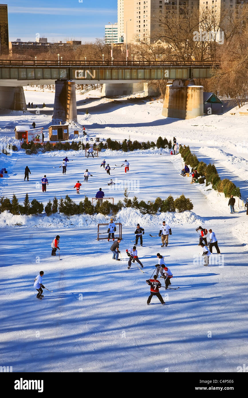 Les joueurs de hockey sur glace sur la rivière Assiniboine, La Fourche, Winnipeg, Manitoba, Canada Banque D'Images