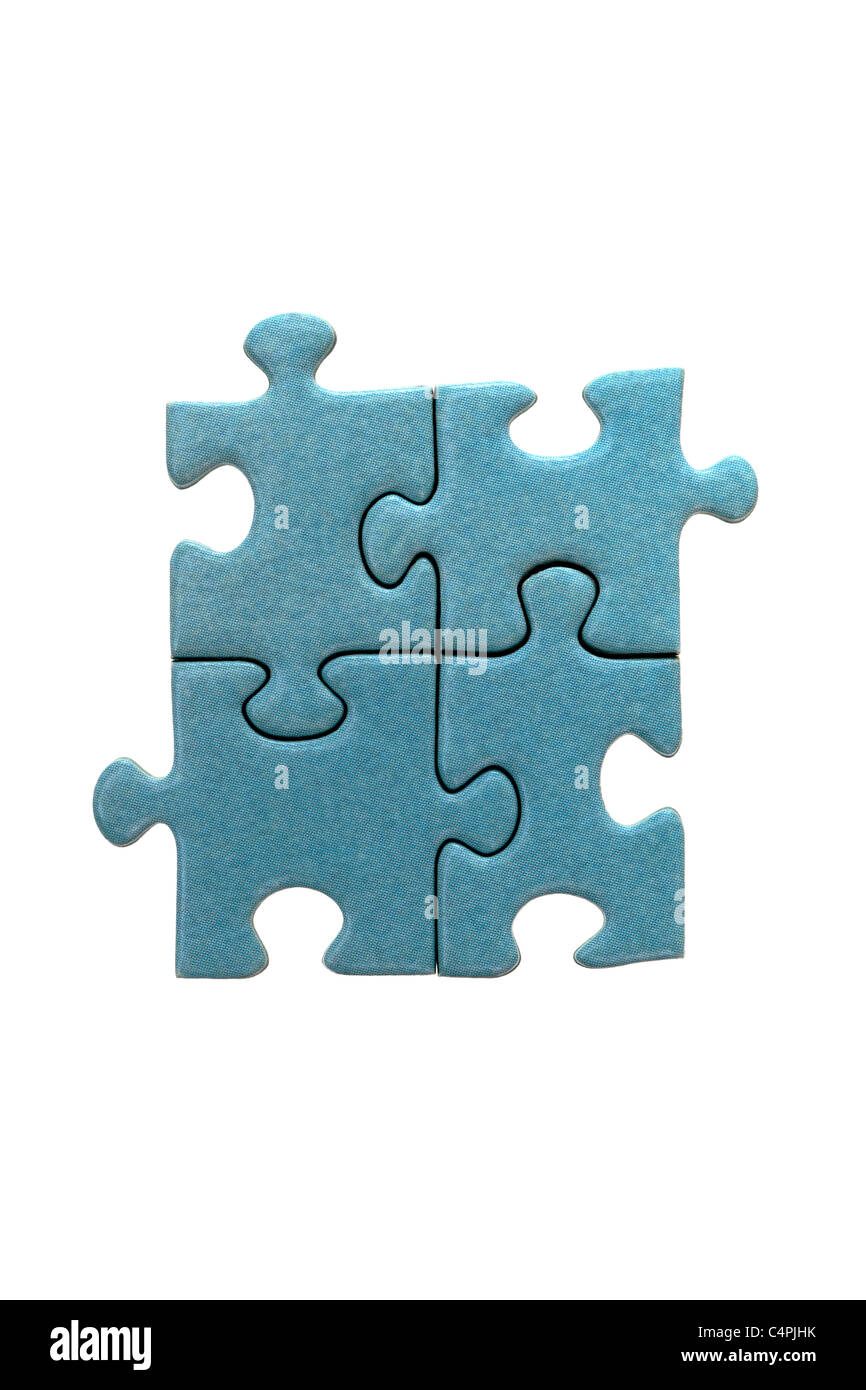 4 pièces de puzzle bleu a réuni dans une forme carrée isolé sur un fond blanc. Banque D'Images