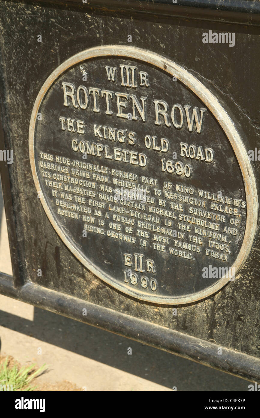 La pancarte ", ROTTEN ROW LE XVII siècle le long de la vieille ROUTE DU ROI, Hyde Park, London,UK Banque D'Images