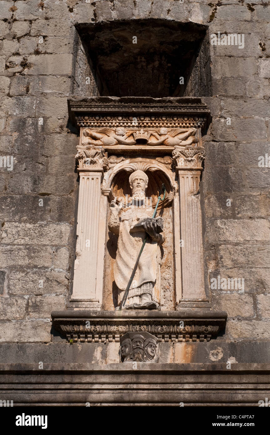 Statue de St Blaise, saint patron de Dubrovnik, la Porte Pile, Dubrovnik, Croatie Banque D'Images