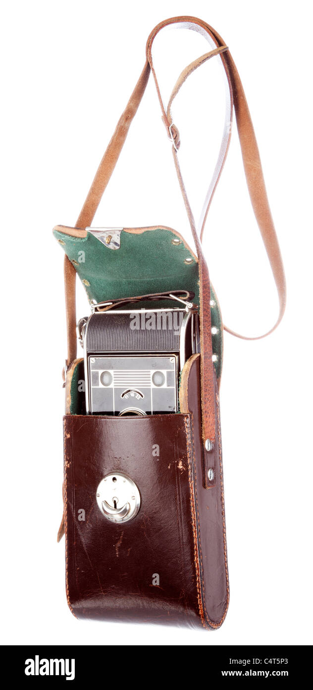 Vieille photo appareil photo en cas de cuir Banque D'Images