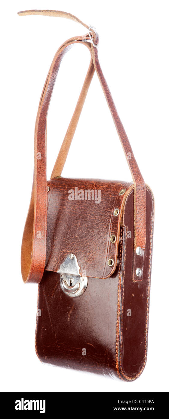 Vieille photo appareil photo en cas de cuir Banque D'Images