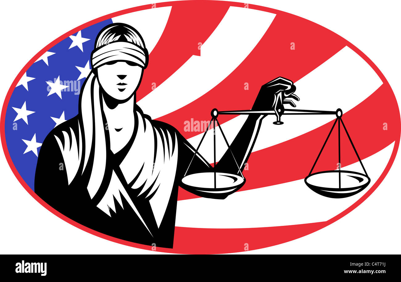 Illustration d'une femme avec les yeux bandés tenant balance de la justice avec american stars and stripes flag en arrière-plan défini à l'intérieur de l'ellipse. Banque D'Images