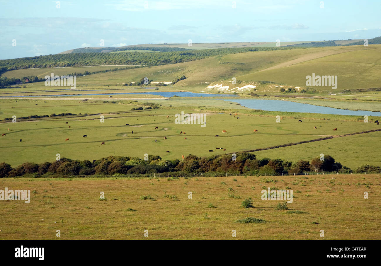 Vue nord-est sur la rivière Cuckmere valley de Seaford Head, East Sussex, Angleterre Banque D'Images