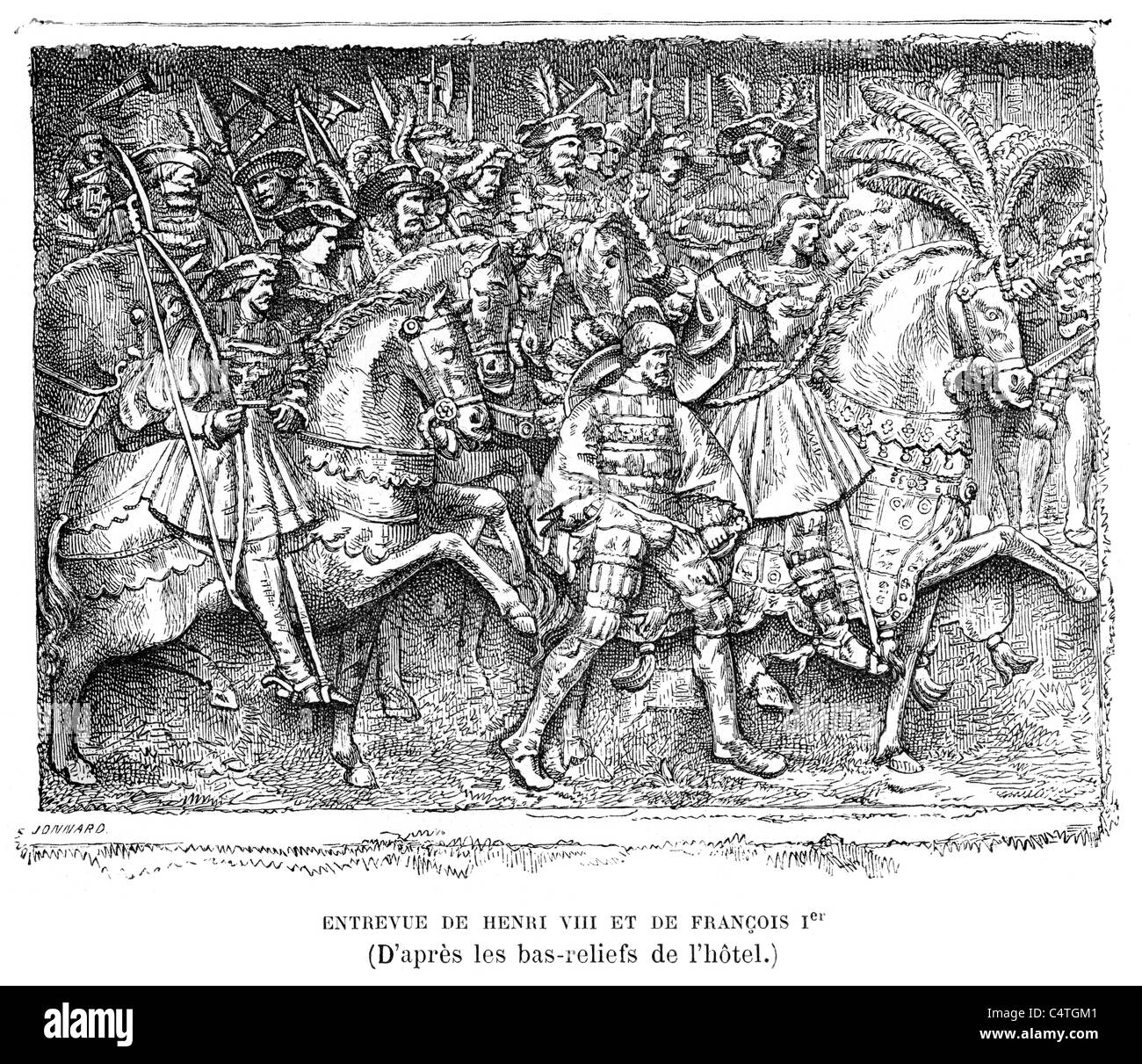 Bas-relief montrant la rencontre entre Henri VIII et François 1er à la domaine de la toile d'or en 1520 Banque D'Images