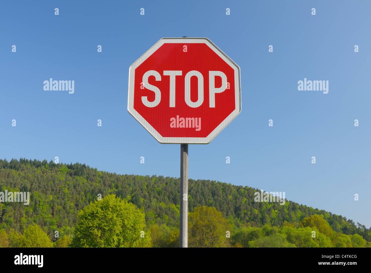 Panneau d'arrêt en face de la forêt, Pfalzerwald, Rhénanie-Palatinat, Allemagne Banque D'Images