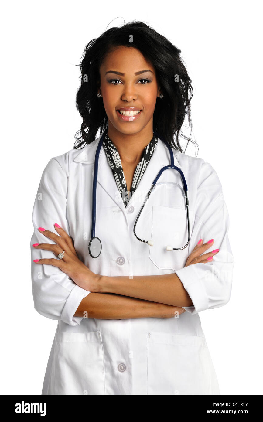 Portrait of African American beau médecin ou infirmière with arms crossed isolated over white background Banque D'Images Portrait of African American beau médecin ou infirmière with arms crossed isolated over white background Banque D'Images
