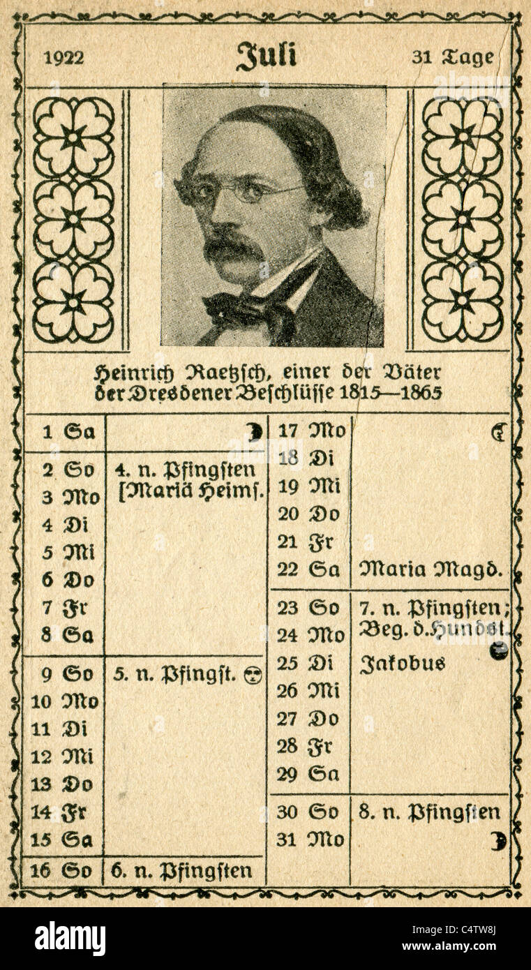 Petit Calendrier de poche pour la sténographie Gabelsberger à système. Page 16. Juillet. Heinrich Raetzsch Banque D'Images
