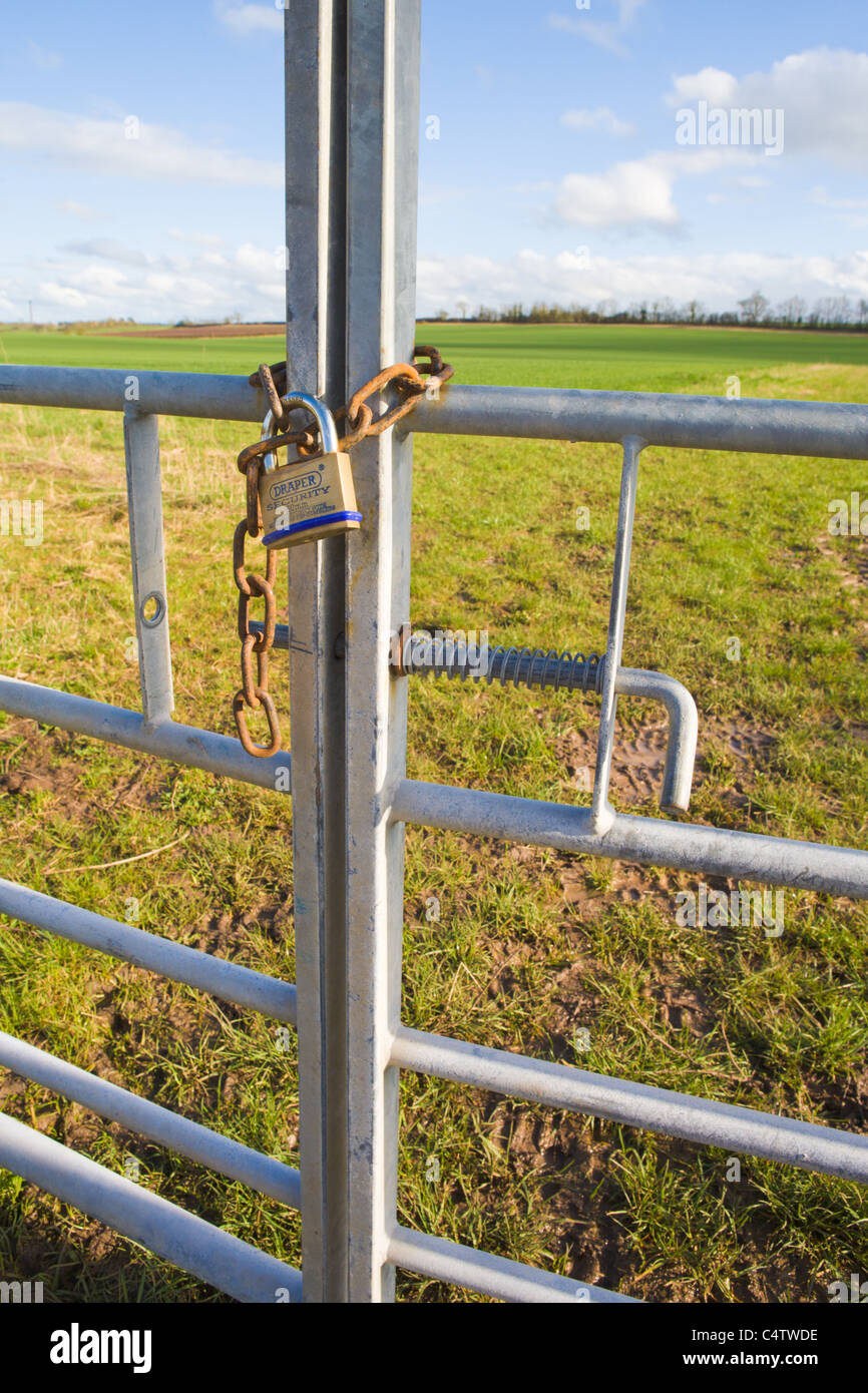 Porte en acier cadenassé protégeant les terres agricoles Banque D'Images