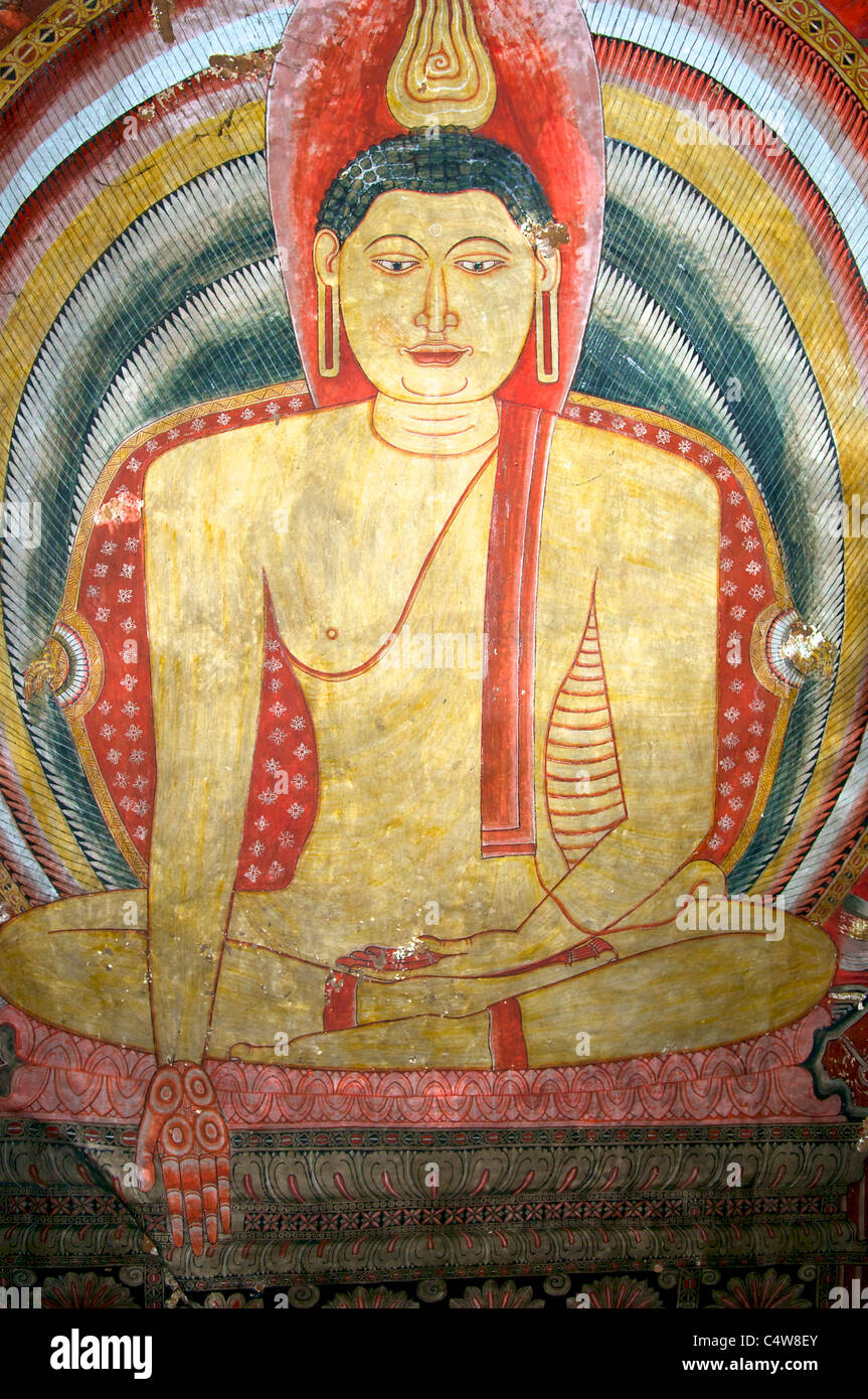 Peinture des Grottes de Dambulla Bouddha assis Triangle Culturel Sri Lanka Banque D'Images