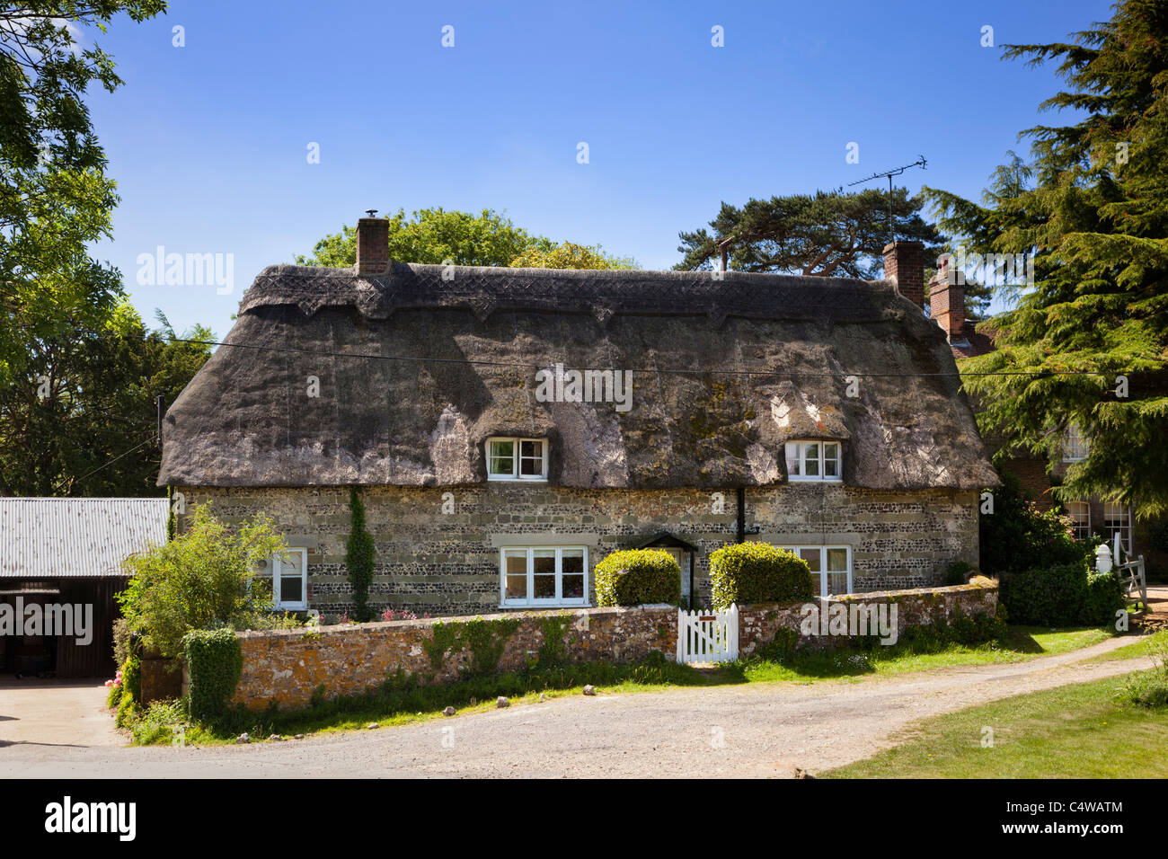 Belle tradition maison de campagne ancienne maison de chaume un jour d'été ensoleillé dans le village pittoresque d'Ashmore, Dorset, Angleterre, Royaume-Uni Banque D'Images