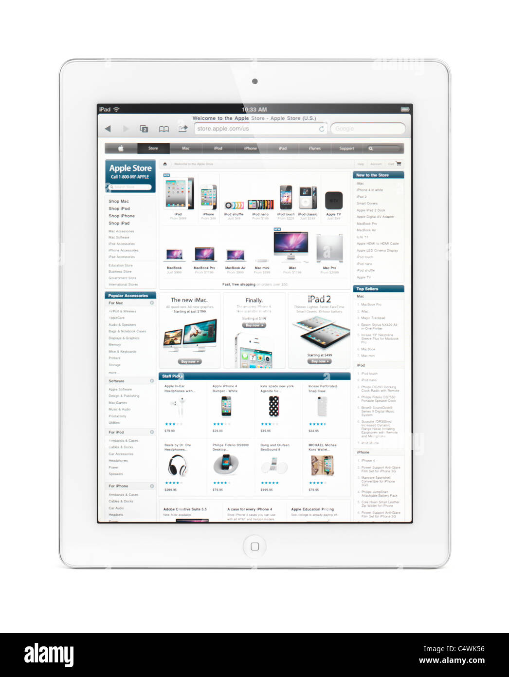 Tablette iPad 2 avec l'ordinateur Apple Store en ligne sur son afficheur. With clipping path isolé sur fond blanc. Banque D'Images