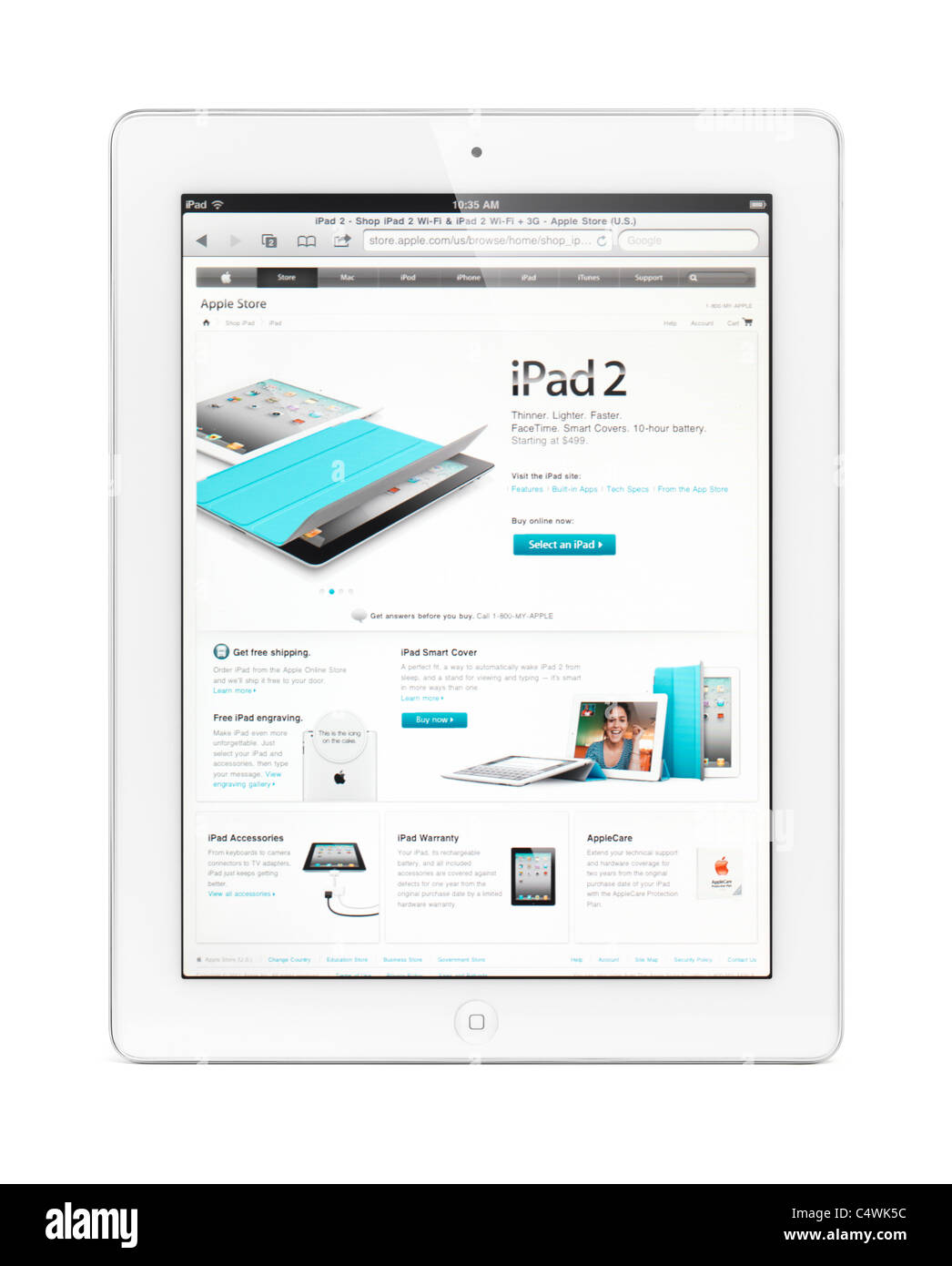 Tablette iPad 2 avec l'ordinateur Apple Store en ligne sur son afficheur. With clipping path isolé sur fond blanc. Banque D'Images