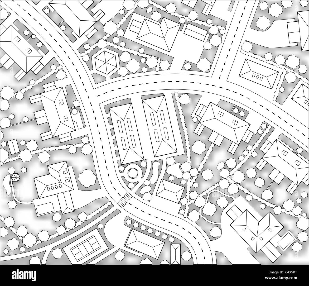 Découpe illustrée carte d'une zone résidentielle avec des génériques de l'ombre d'arrière-plan Banque D'Images