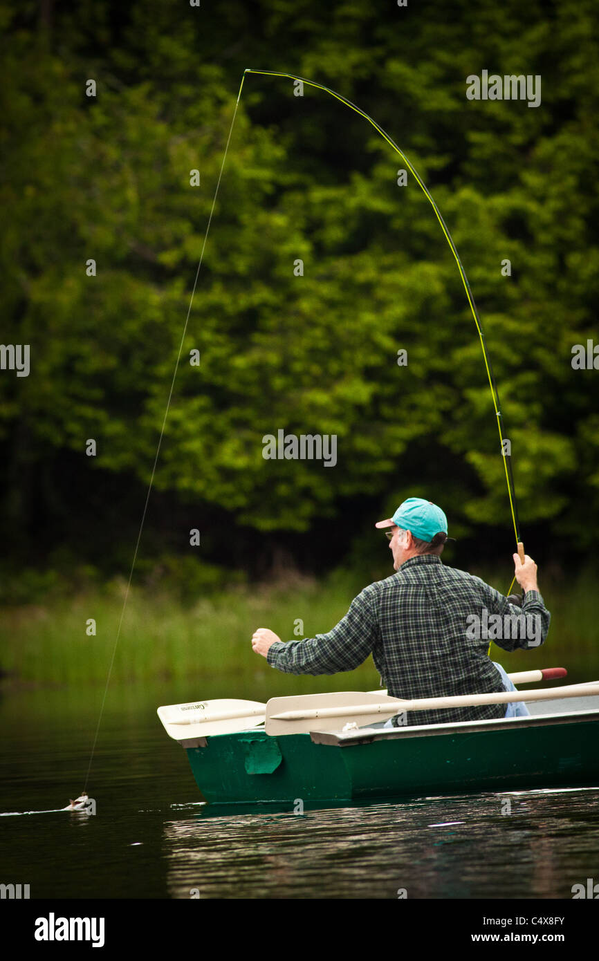 Un homme tire dans une truite capturée la pêche sur un lac à Boulder Junction, Wisconsin. Banque D'Images