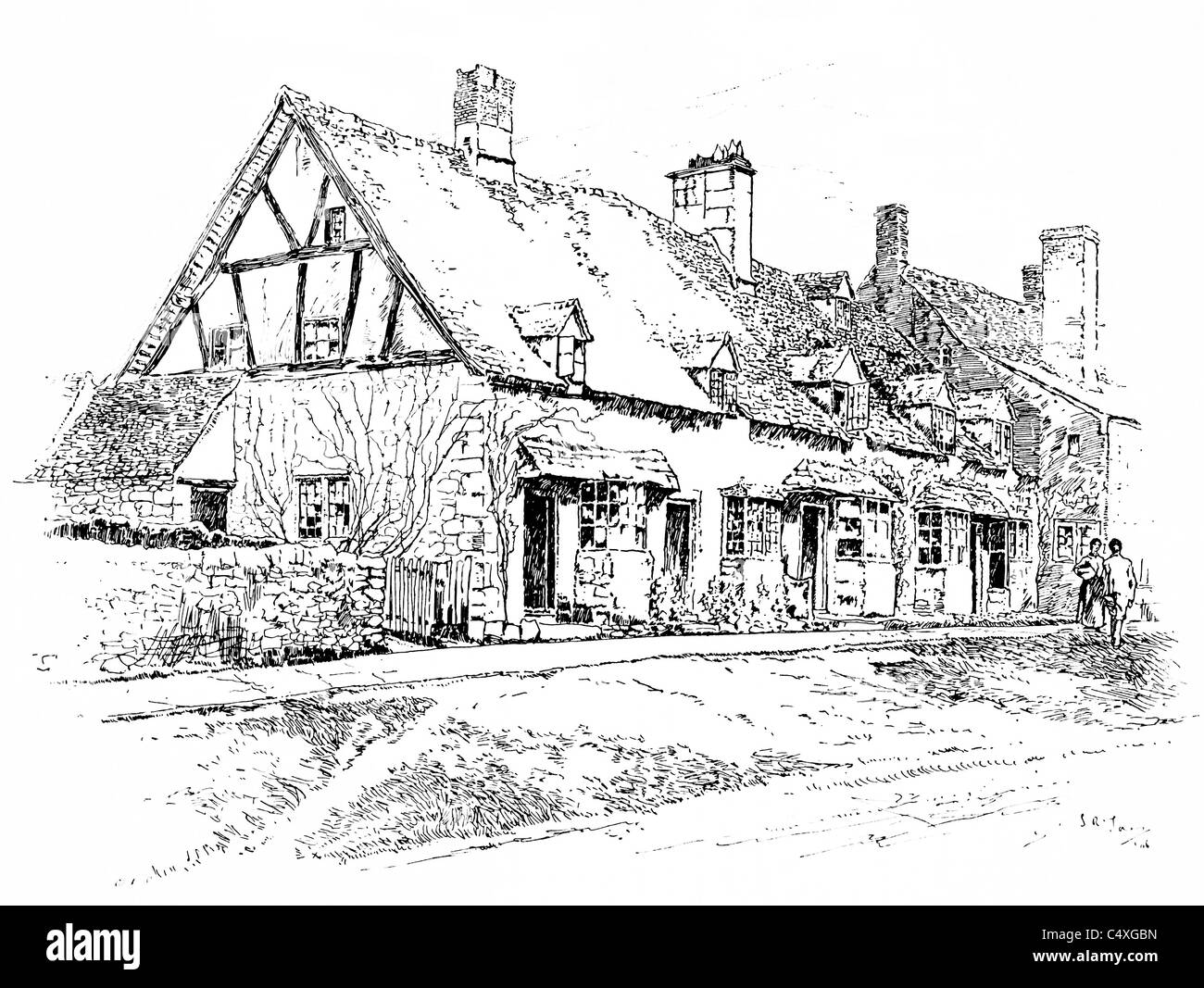 Broadway, Worcestershire - plume et encre illustration de 'Old English Country Cottages' par Charles Holme, 1906. Banque D'Images