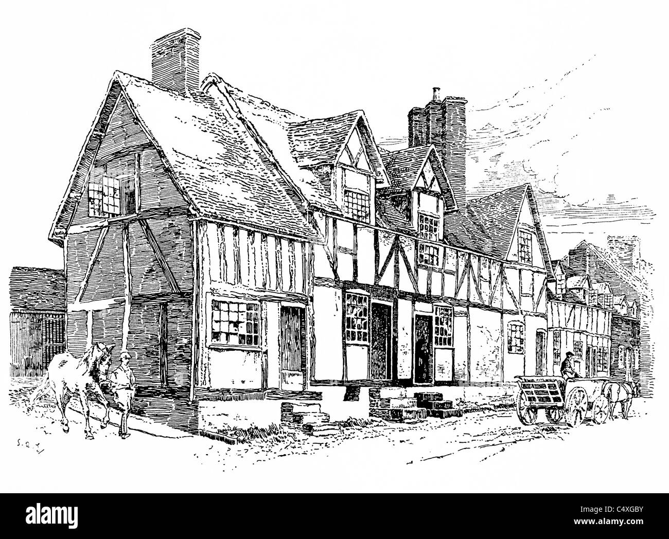 Chaddesley Corbett, Worcestershire - plume et encre illustration de 'Old English Country Cottages' par Charles Holme, 1906. Banque D'Images