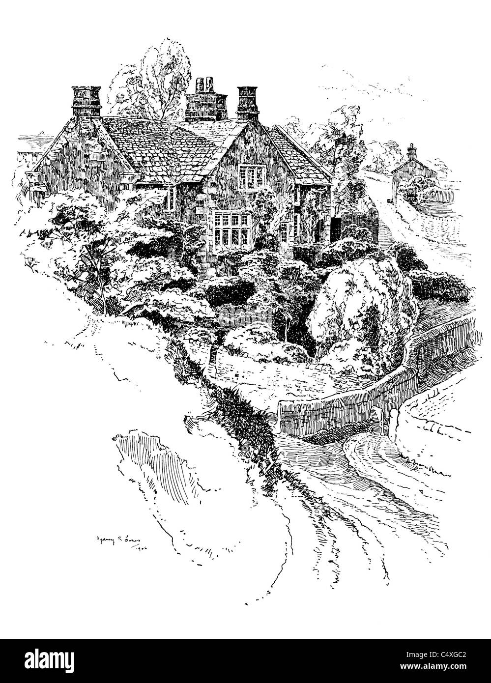 Alport, Derbyshire - plume et encre illustration de 'Old English Country Cottages' par Charles Holme, 1906. Banque D'Images