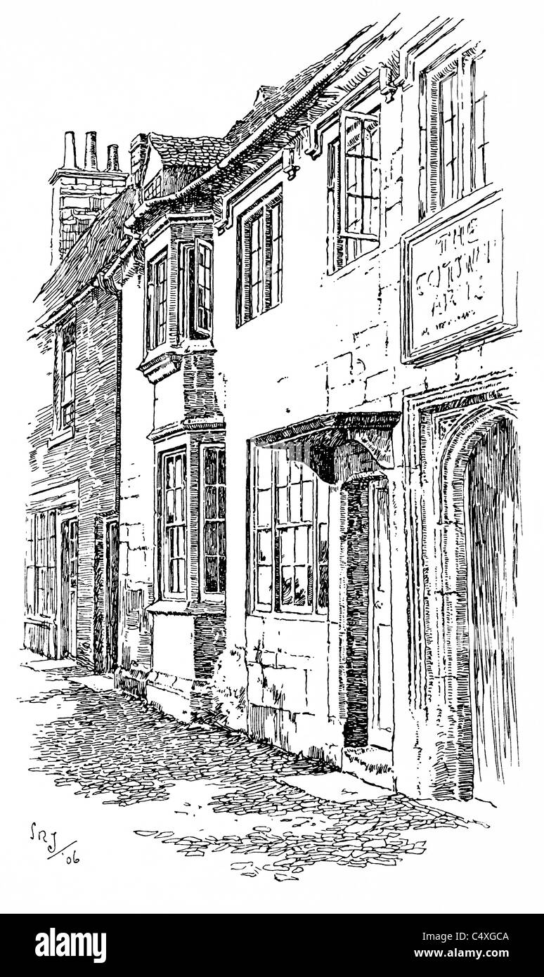 Burford, Oxfordshire - plume et encre illustration de 'Old English Country Cottages' par Charles Holme, 1906. Banque D'Images