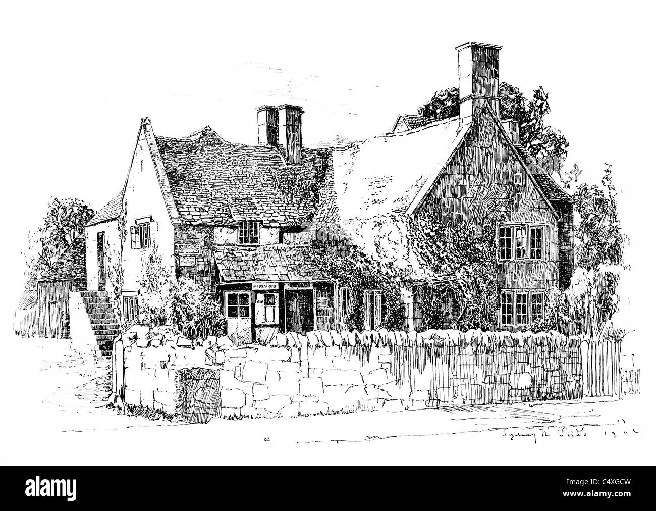 Weston-sous-Edge, Gloucestershire - plume et encre illustration de 'Old English Country Cottages' par Charles Holme, 1906. Banque D'Images
