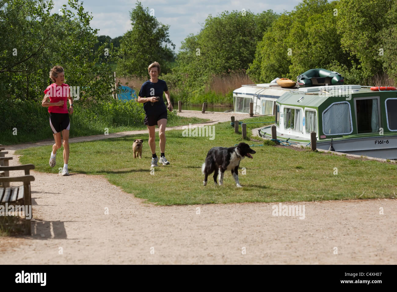 Le jogging et le chien l'exercice aux côtés de River Ant, comment Hill, Norfolk Broads. Banque D'Images